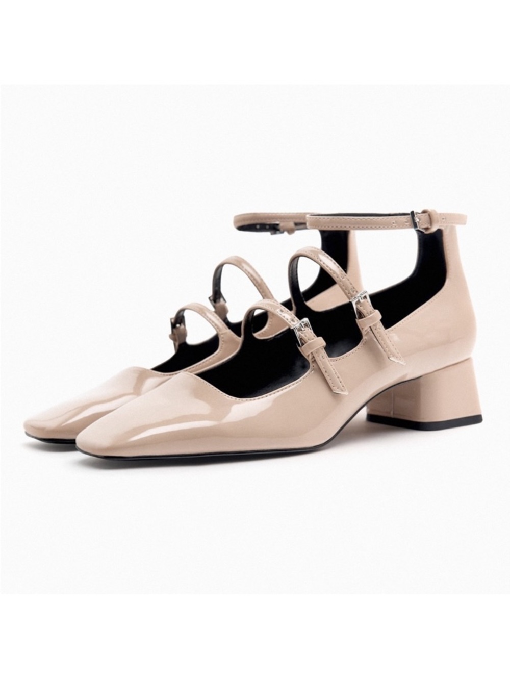 Nude Patent Mary Jane Block Heel Pumps with Ankle Strap